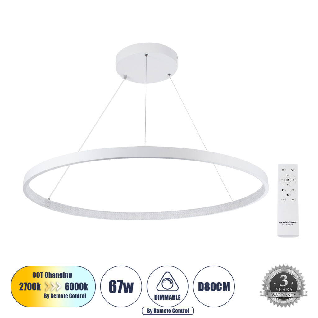 DIAMOND 61521 Μοντέρνο Κρεμαστό Φωτιστικό Οροφής LED 67W 7504lm 360° AC 220-240V IP20 Ρυθμιζόμενο Λευκό CCT με Χειριστήριο από 2700K έως 6000K Dimmable - Lumileds SMD Chip - Λευκό Ματ - Μ80 x Π80 x Υ110cm - 3 Χρόνια Εγγύηση