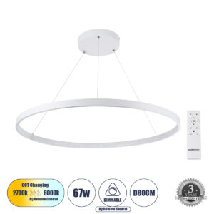 DIAMOND 61521 Μοντέρνο Κρεμαστό Φωτιστικό Οροφής LED 67W 7504lm 360° AC 220-240V IP20 Ρυθμιζόμενο Λευκό CCT με Χειριστήριο από 2700K έως 6000K Dimmable - Lumileds SMD Chip - Λευκό Ματ - Μ80 x Π80 x Υ110cm - 3 Χρόνια Εγγύηση