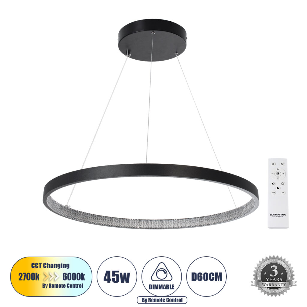 DIAMOND 61522 Μοντέρνο Κρεμαστό Φωτιστικό Οροφής LED 45W 5040lm 360° AC 220-240V IP20 Ρυθμιζόμενο Λευκό CCT με Χειριστήριο από 2700K έως 6000K Dimmable - Lumileds SMD Chip - Μαύρο Ματ - Μ60 x Π60 x Υ3cm - 3 Χρόνια Εγγύηση