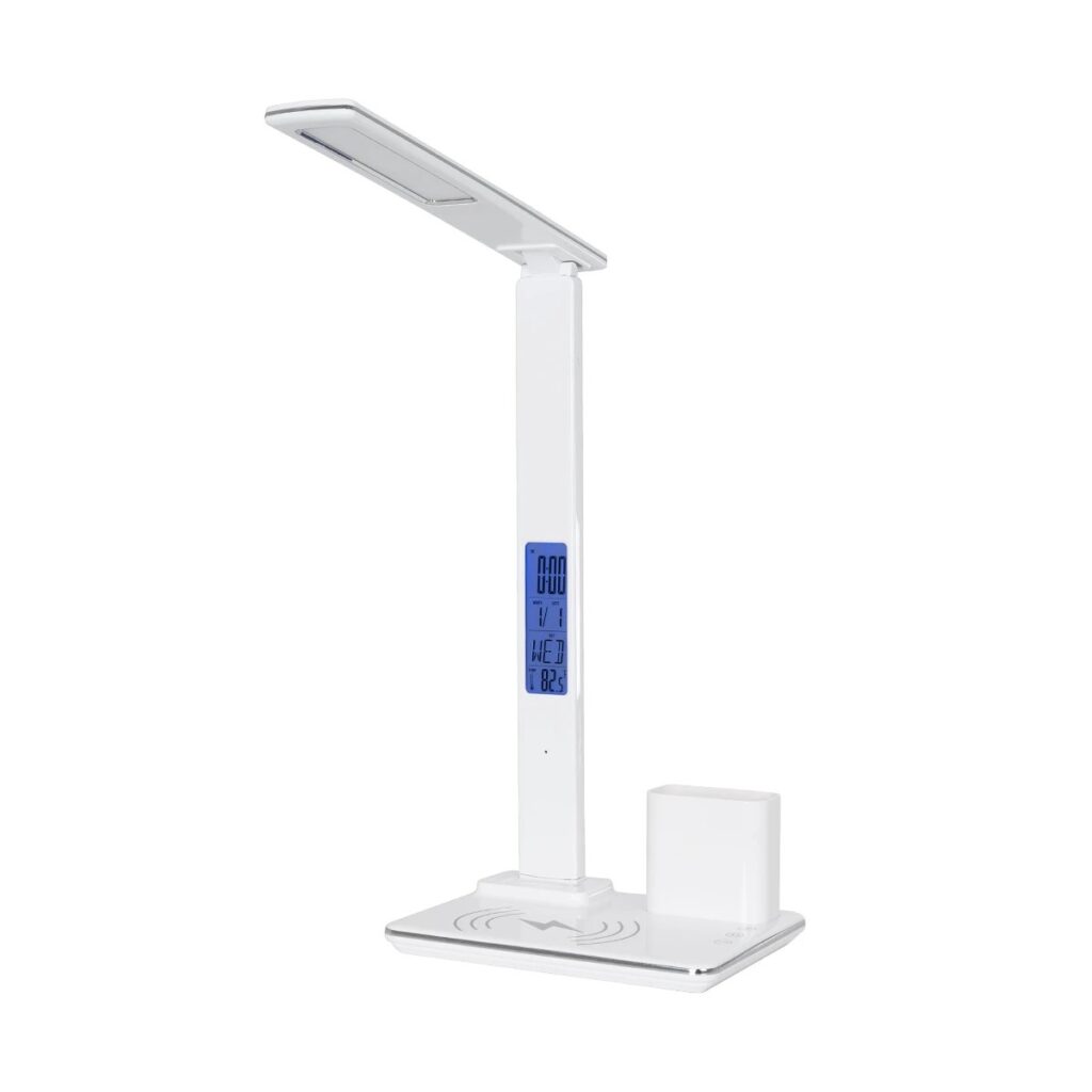 ZENTIME 76554 Μοντέρνο Επιτραπέζιο Φωτιστικό Γραφείου με Ασύρματη Φόρτιση 15W 3A & Ψηφιακό Ρολόι LED 3.5W 350lm 120° DC 5V με USB-C IP20 Ρυθμιζόμενο Λευκό CCT με Αφή 2700K/4500K/6000K Dimmable - Sanan SMD Chip - Λευκό - Μ19.5 x Π25 x Υ50cm - 2 Χρόνια Εγγύηση