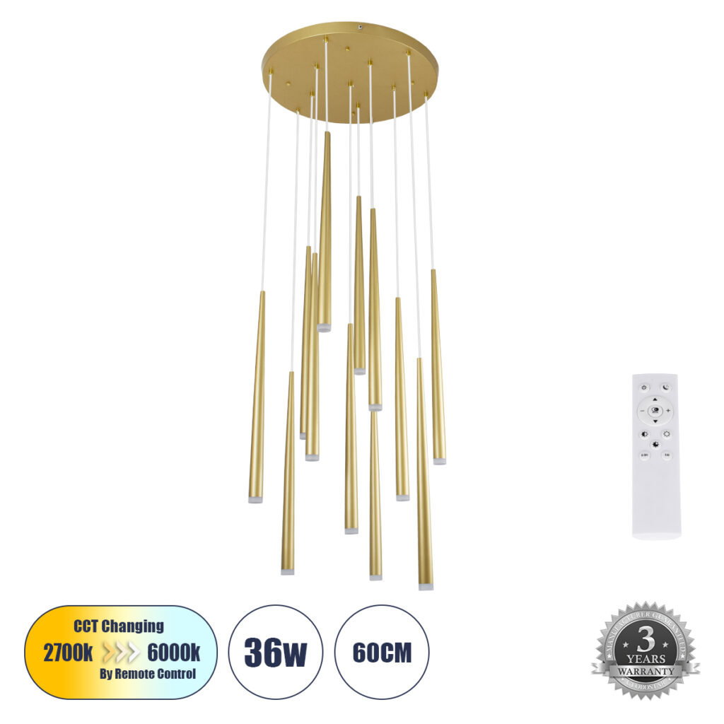 TEARS 61314 Μοντέρνο Κρεμαστό Φωτιστικό Οροφής LED 36W 3960lm 180° AC 220-240V IP20 Ρυθμιζόμενο Λευκό CCT με Χειριστήριο από 2700K έως 6000K Dimmable - Lumileds SMD Chip - Χρυσό Βούρτσας - Μ60 x Π60 x Υ51.5cm - 3 Χρόνια Εγγύηση