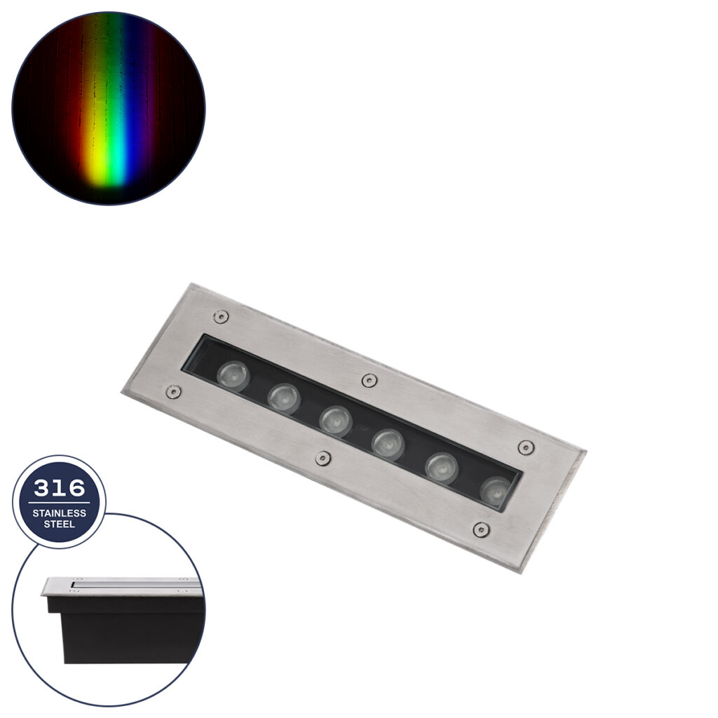 UNDERGROUNDREMVI 90191 Χωνευτή Μπάρα Φωτισμού Wall Washer LED 9W 765lm 10° DC 24V IP68 Πολύχρωμο RGBW Dimmable DMX512 - Bridgelux SMD Chip - Ανοξείδωτο Ατσάλι SS316 - Μ30 x Π9 x Υ8.5cm / Q28.5 x 7.5cm - 3 Χρόνια Εγγύηση