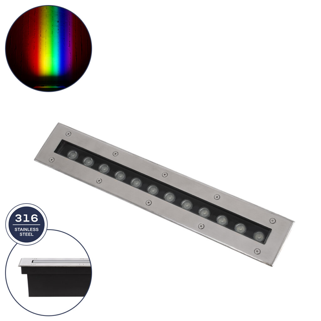 UNDERGROUNDREMVI 90193 Χωνευτή Μπάρα Φωτισμού Wall Washer LED 12W 1020lm 10° DC 24V IP68 Πολύχρωμο RGBW Dimmable DMX512 - Bridgelux SMD Chip - Ανοξείδωτο Ατσάλι SS316 - Μ50 x Π9 x Υ7.2cm / Q48.5 x 7.5cm - 3 Χρόνια Εγγύηση