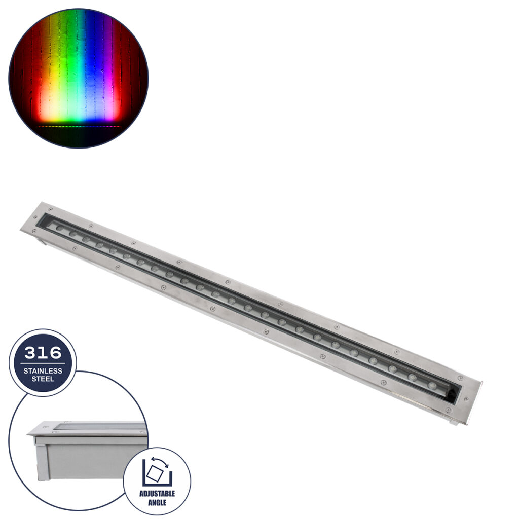 UNDERGROUND-PASSAGGIO 90197 Χωνευτό Φωτιστικό Wall Washer Δαπέδου LED 24W 2040lm 10° DC 24V IP68 με Ρυθμιζόμενη Γωνία Φωτισμού L108 x W9 x H7.5cm RGBW DMX512 - Ανοξείδωτο Ατσάλι - 3 Years Warranty