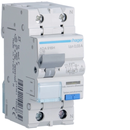 Hager ADA916H Ρελέ διαρροής με ασφάλεια RCBO 1P+N 16 A C 30 mA τύπου A