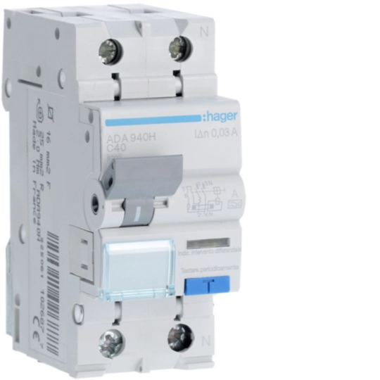 Hager ADA940H Ρελέ διαρροής με ασφάλεια RCBO 1P+N 40 A C 30 mA τύπου A