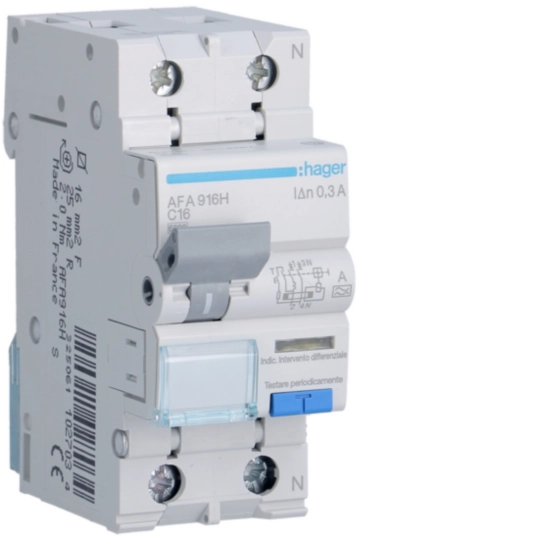 Hager AFA916H Ρελέ διαρροής με ασφάλεια RCBO 1P+N 16 A C 300 mA τύπου A