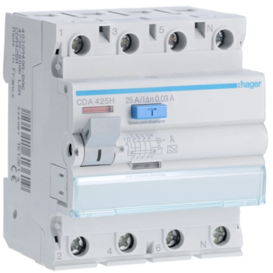 Hager CDA425H Ρελέ διαρροής RCCB 4P 25 A 30 mA τύπου A
