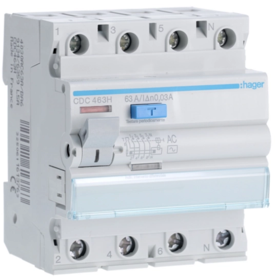 Hager CDC463H Ρελέ διαρροής RCCB 4P 63 A 30 mA τύπου AC