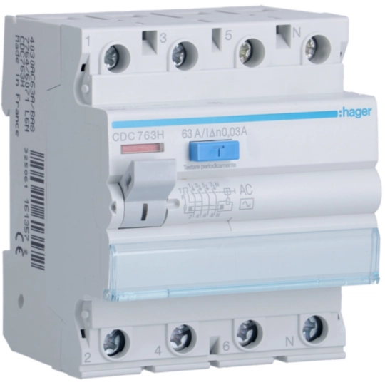 Hager CDC763H Ρελέ διαρροής RCCB 4P 63 A 30 mA τύπου AC