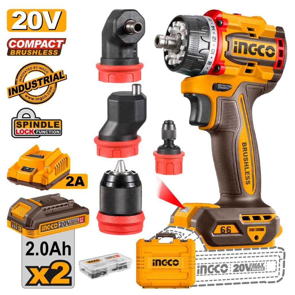 Δραπανοκατσάβιδο Compact Μπαταρίας με 4 Κεφαλές 20V Li-Ion 66Nm - INGCO CDLI206686E