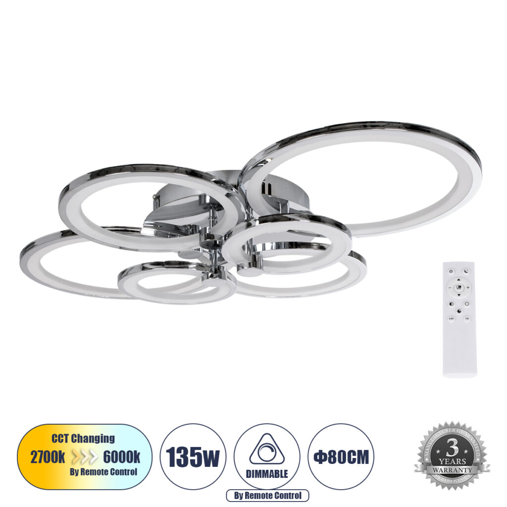 ROYAL-R 61324 Μοντέρνο Φωτιστικό Οροφής LED 135W 13500lm 360° AC 220-240V IP20 Ρυθμιζόμενο Λευκό CCT με Χειριστήριο από 2700K έως 6000K Dimmable - Lumileds SMD Chip - Ασημί Νίκελ - Μ80.5 x Π59 x Υ12cm - 3 Χρόνια Εγγύηση