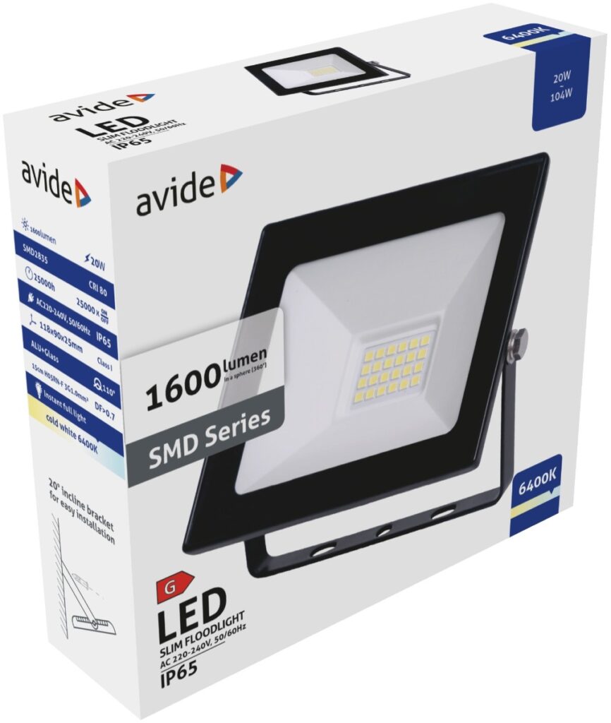 Avide LED Προβολέας Slim SMD  20W Ψυχρό 6400K Value